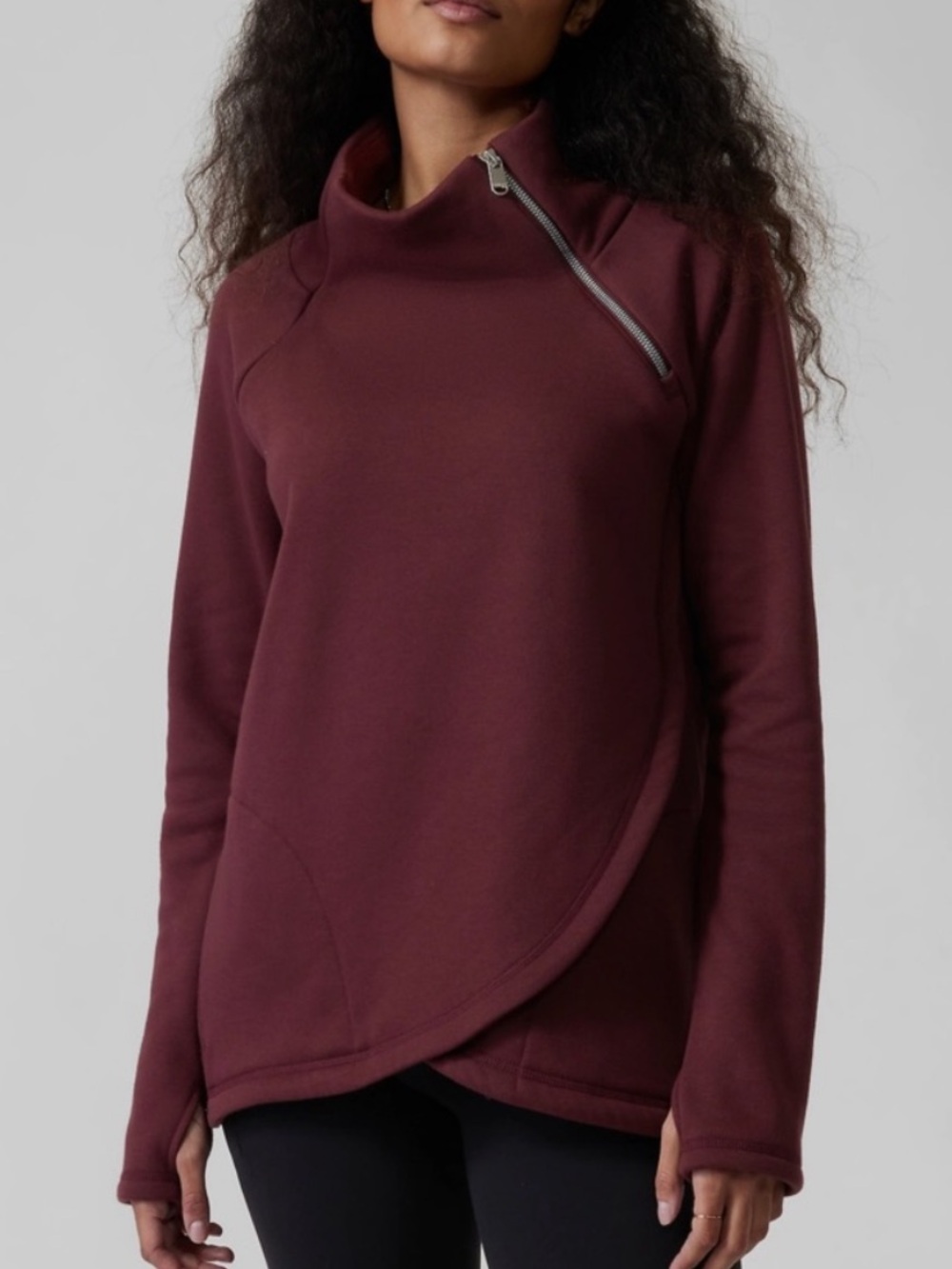 Athleta Cozy Karma Burgundy Asymmetric Zip Cowl Pullover